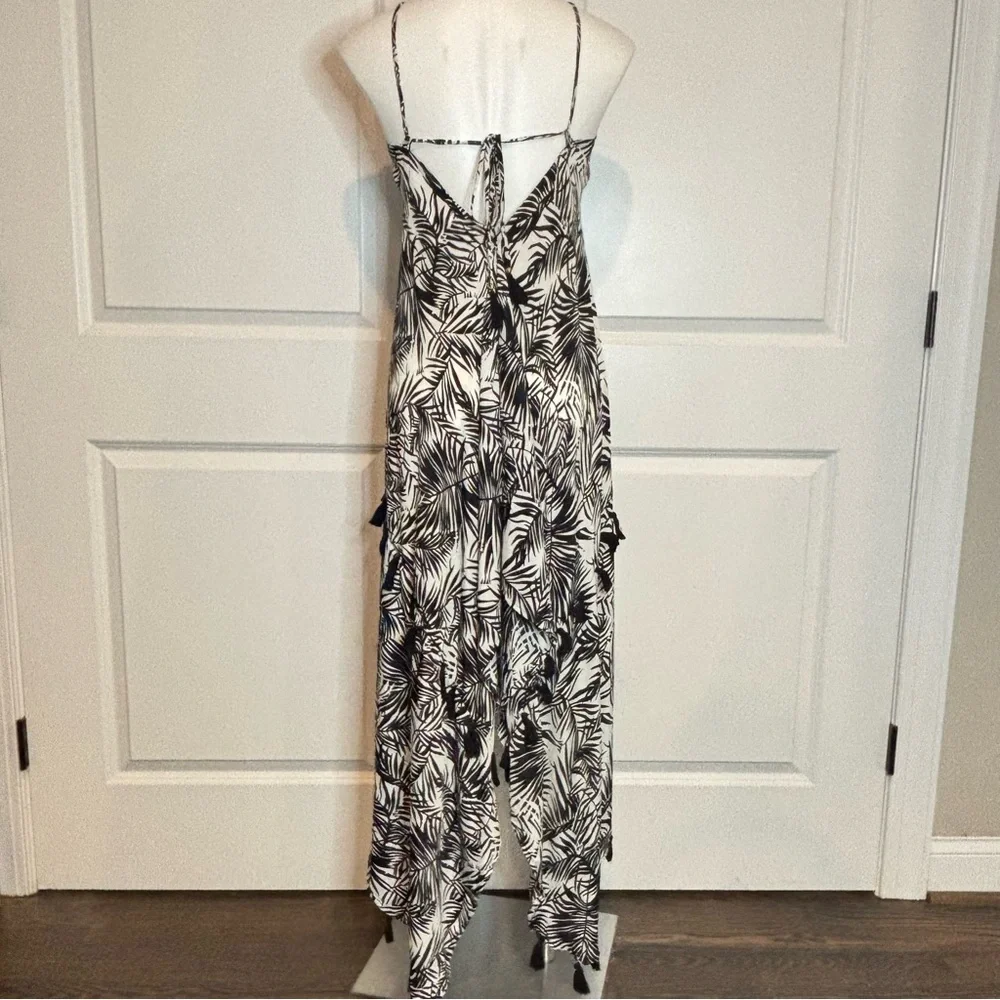 NWT Elan Black White Palm Print Tassel Midi Halter Dress S